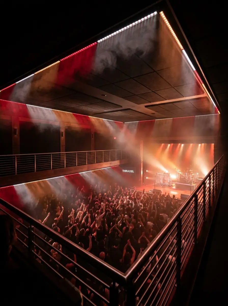 Commercial venue exterior lit with permanent architectural lighting at night