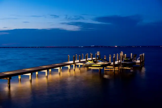 Marine-rated dock lighting install on the water