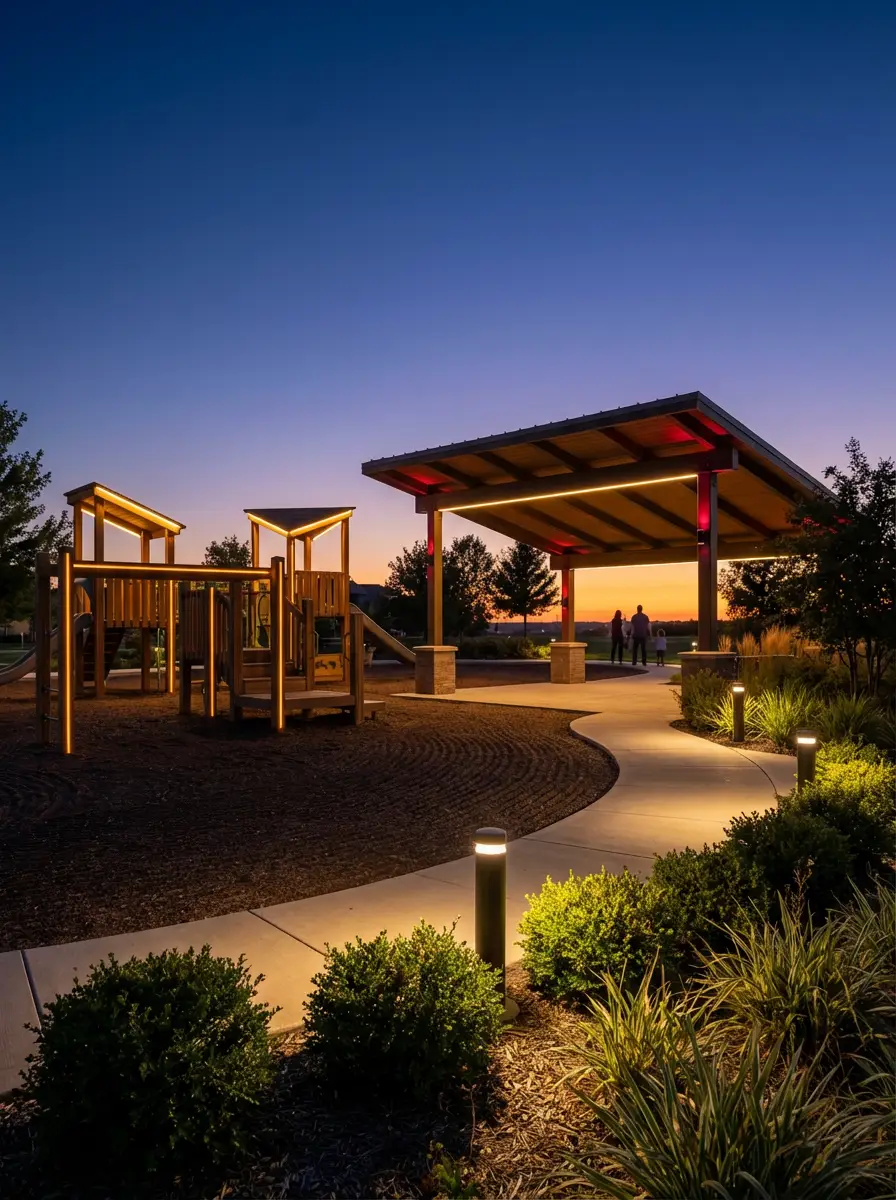 Outdoor firepit area lit at night
